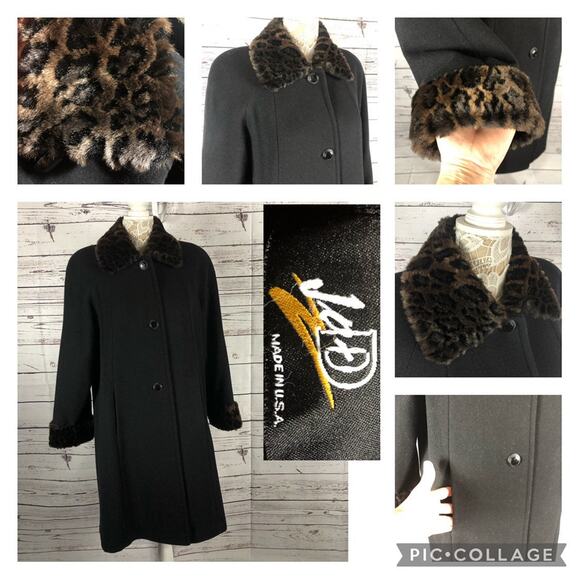 JAD Vintage black wool coat faux fur Cheetah print collar cuffs size medium - Picture 4 of 13